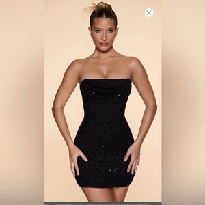 Oh Polly- Embellished Strapless Cowl Neck Mini Dress in Black